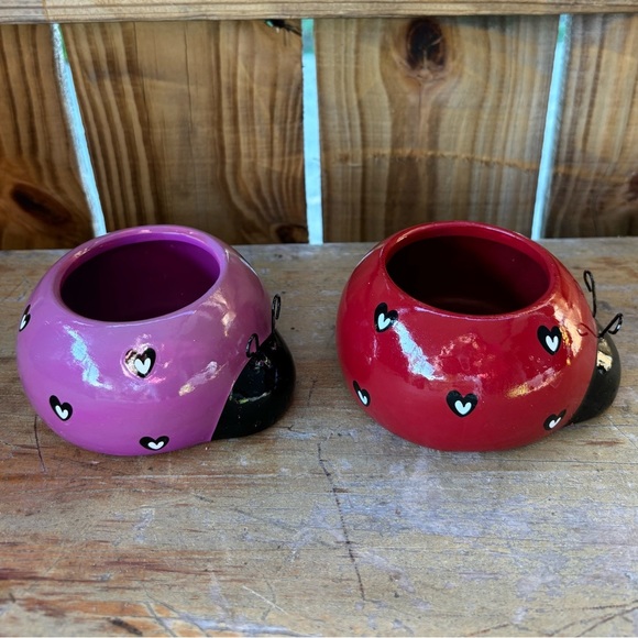 Set of 2 Rocket Farms Lovebugs Ladybugs Mini Planters Purple & Red with Hearts - Picture 2 of 8